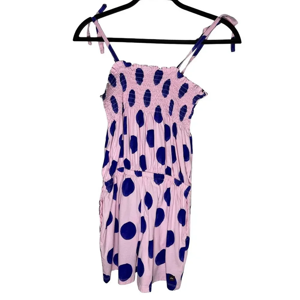 Tea Collection Girls Tie Shoulder Smocked Romper Pink Purple Cotton Polka Dot 12